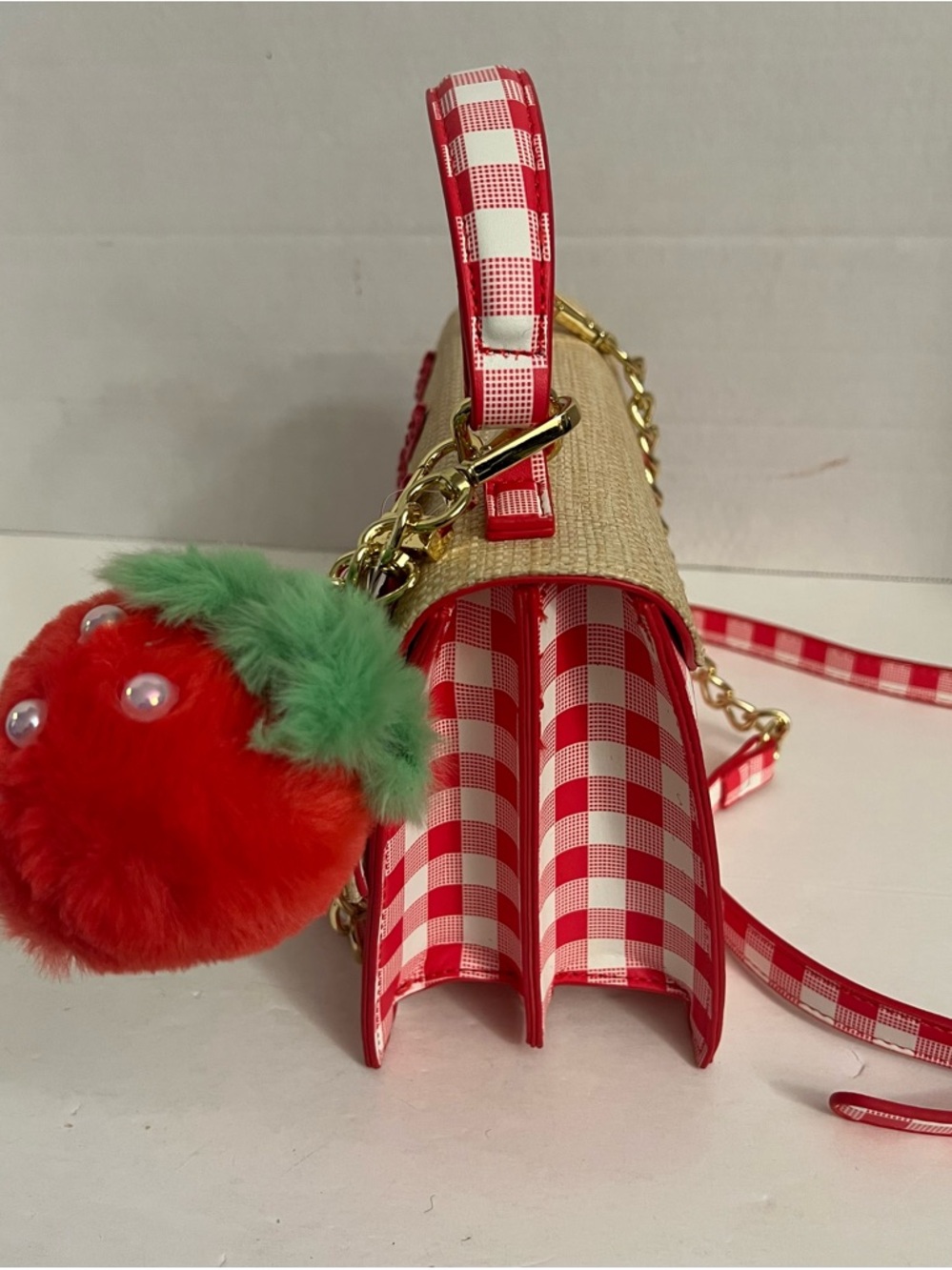 Betsey Johnson Red Gingham Strawberry Charm Crossbody Bag - Picture 11 of 16